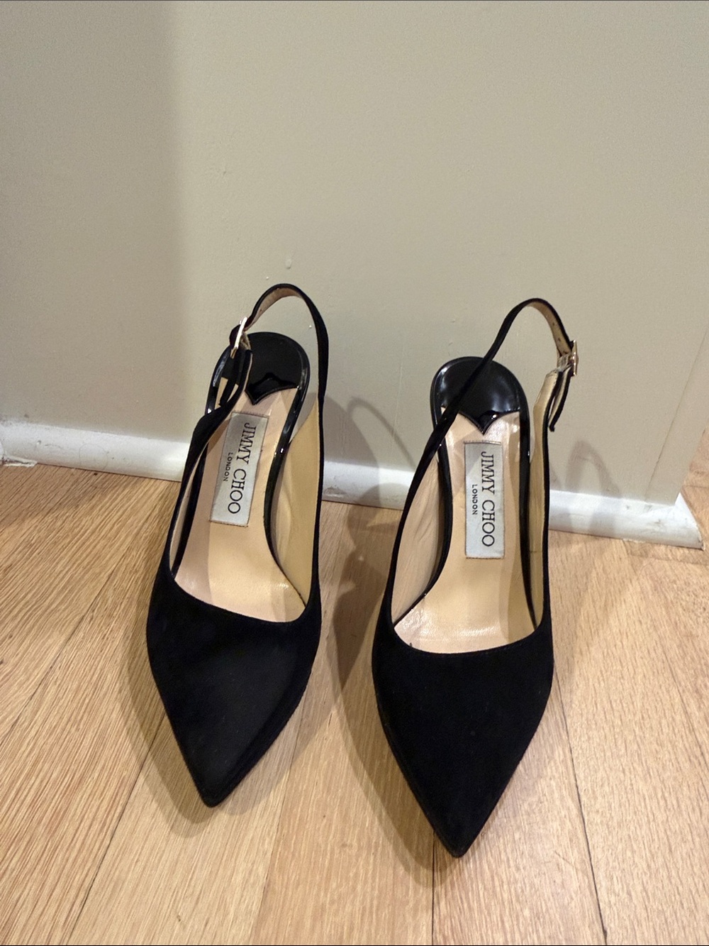 Jimmy Choo Black Suede Pointed Slingback Pumps with Ankle Strap